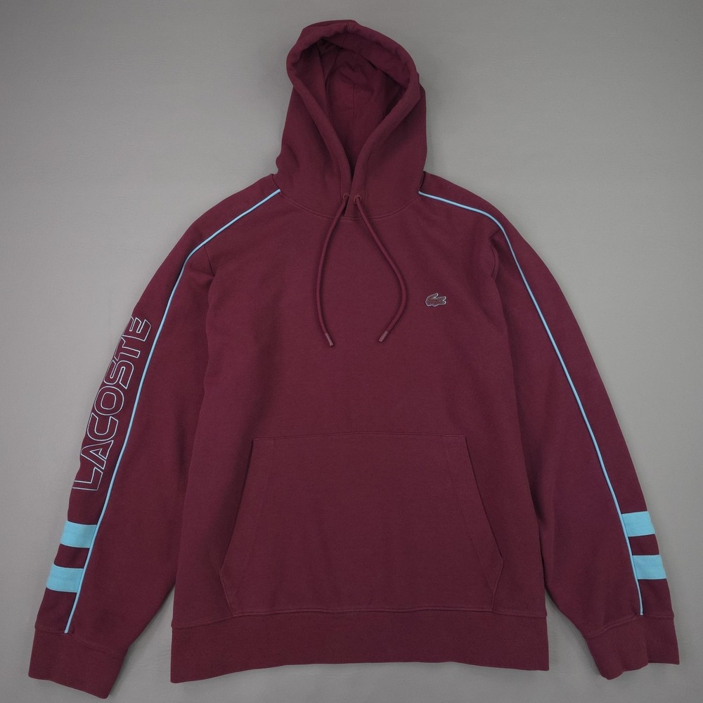 Lacoste Hoodie Mens 2XL Burgundy Contrast Logo Sleeve Spell Out Pullover SH1439